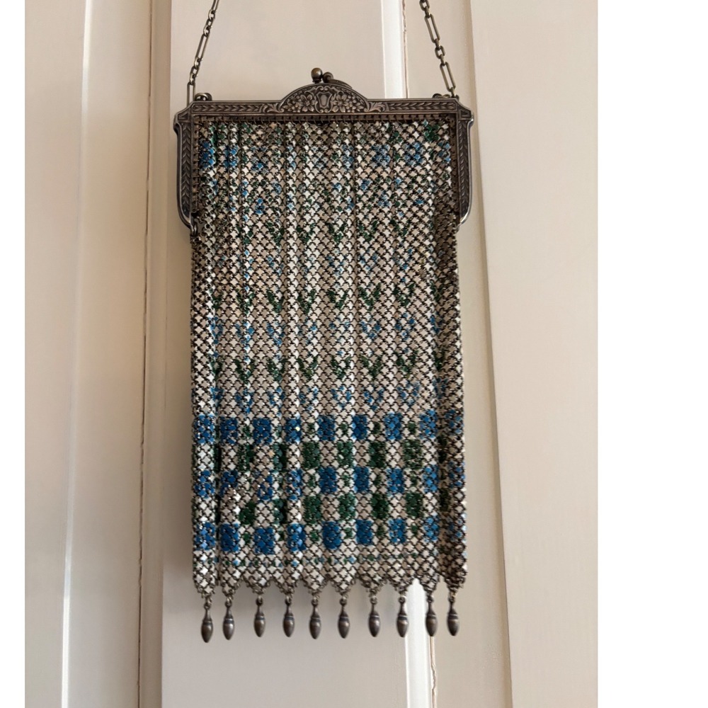 Antique Whiting & Davis Art Deco Mesh Evening Bag Blue Green Geometric Kiss Lock - Picture 2 of 5